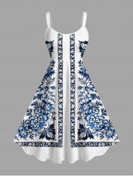 Plus Size Flowers Leaf Print Hawaii Tank Dress -  