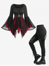 Lace Trim Lace-up Tulip Hem Flare Sleeve Top and Skull Hollow Out Leggings Plus Size Outfit -  