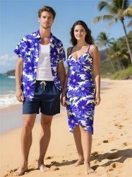 Daisy Flowers Print Plus Size Matching Hawaii Beach Outfit For Couples -  