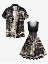 Halloween Skull Pirate Cloud Sea Waves Ship Cruise Print Plus Size Matching Outfit For Couples -  