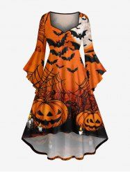 Plus Size Pumpkin Candle Spider Web Bat Print Halloween Ruched High Low Asymmetric Dress -  
