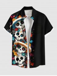 Plus Size Skull Colorful Flower Print Hawaii Button Pocket Shirt For Men -  