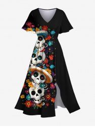 Plus Size Skull Colorful Flower Print Hawaii Split Pocket A Line Midi Dress -  