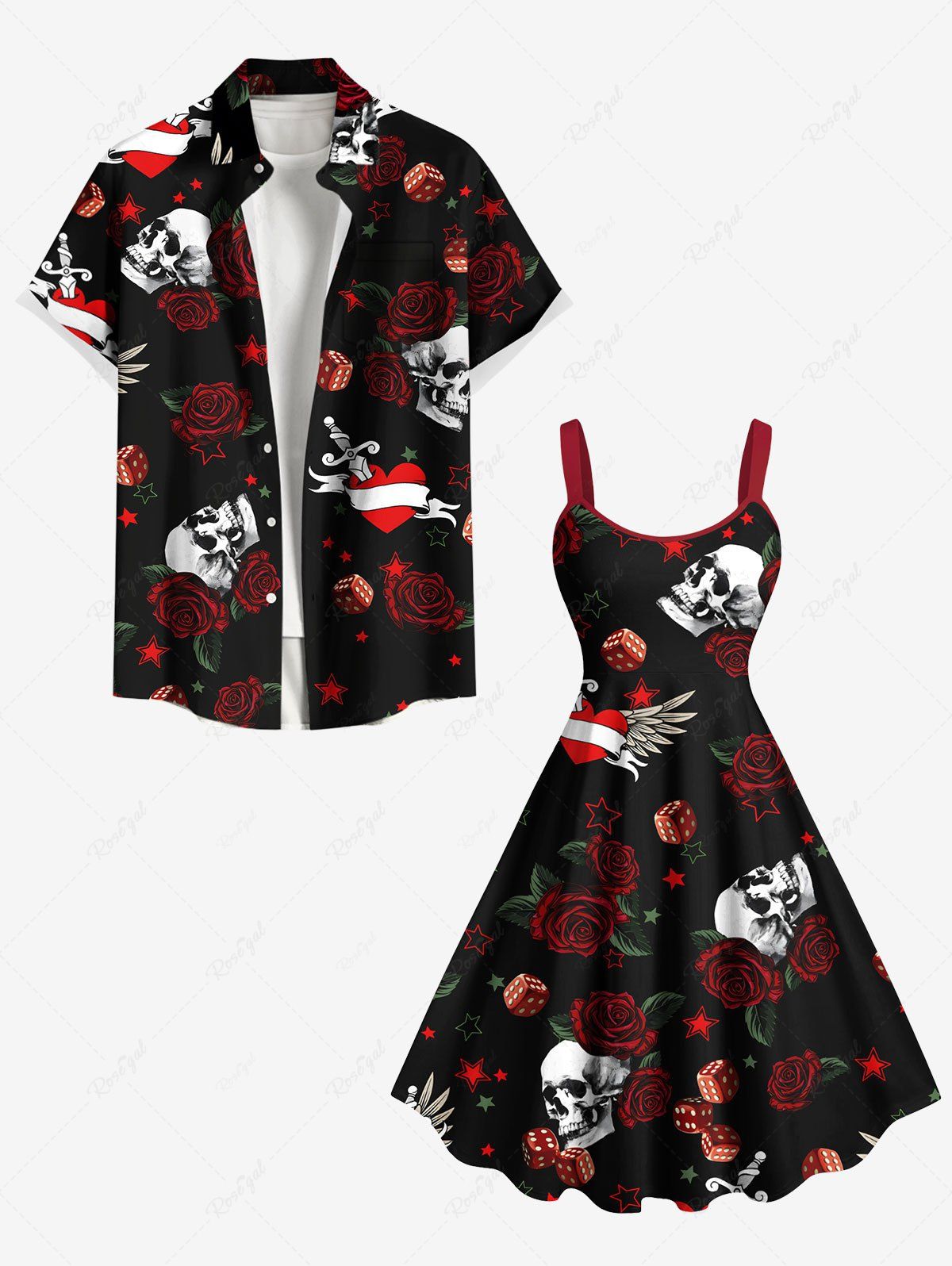 Sale Halloween Skull Rose Flower Heart Sword Print Plus Size Matching Outfit For Couples  