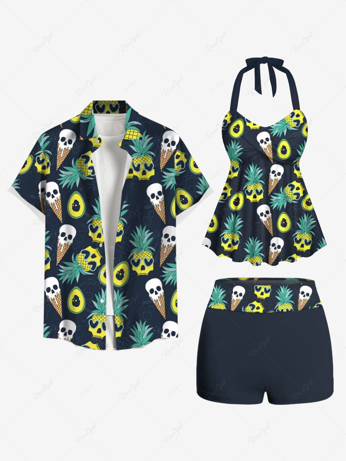 Discount Skull Ice Cream Pineapple Avocado Print Shirt Swimsuit Plus Size Matching Hawaii Beach Outfit For Couples  