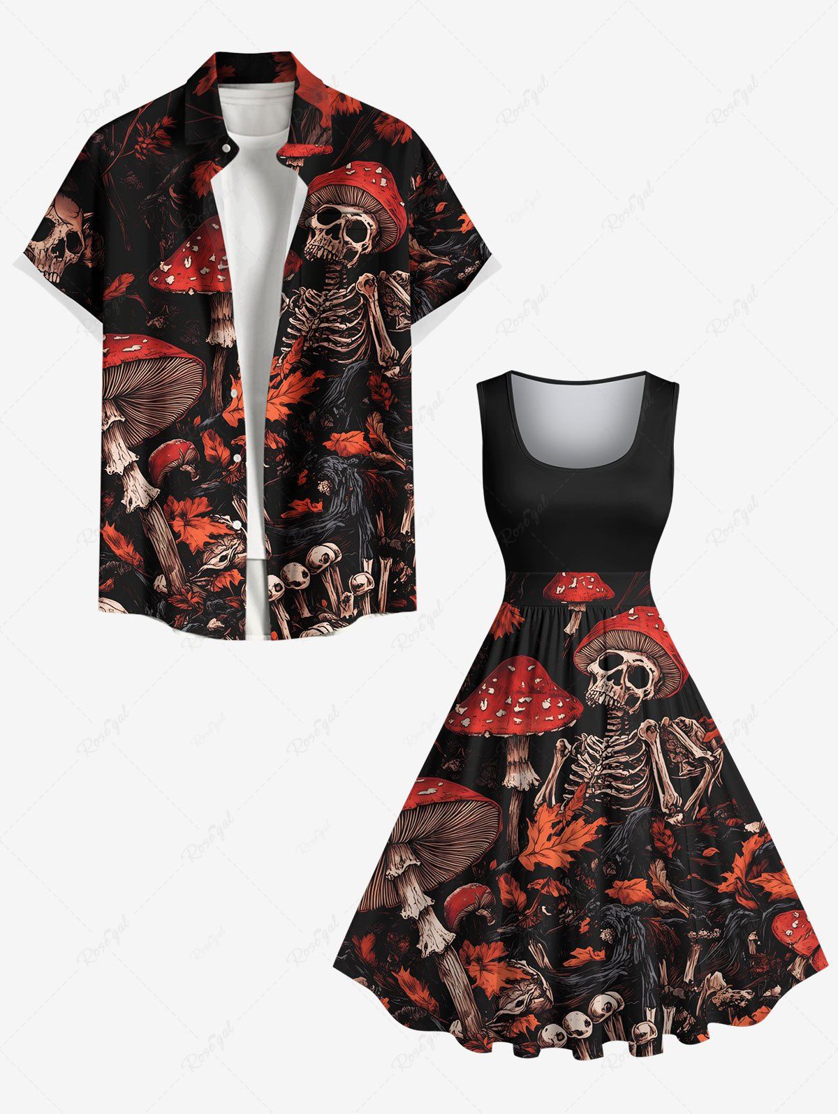 Outfit Halloween Skeleton Mushroom Maple Leaf Print Plus Size Matching Outfit For Couples  