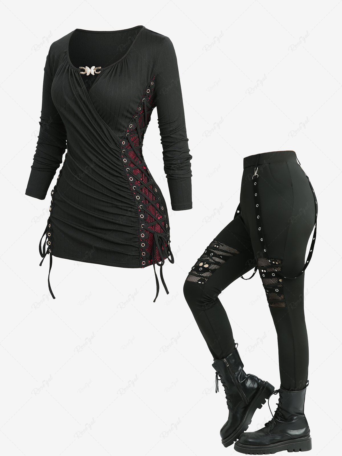 Buy Fishnet Skull Lace Up Butterfly Buckle Top and Hollow Out Leggings Plus Size Outfit  