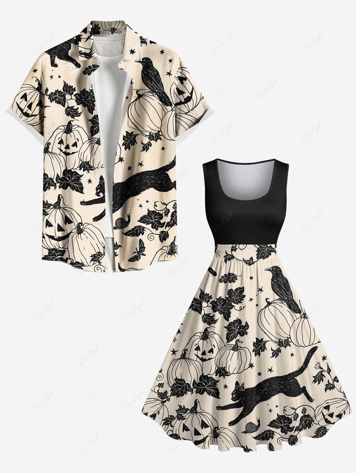 Chic Halloween Pumpkin Cat Butterfly Leaf Bird Print Plus Size Matching Outfit For Couples  