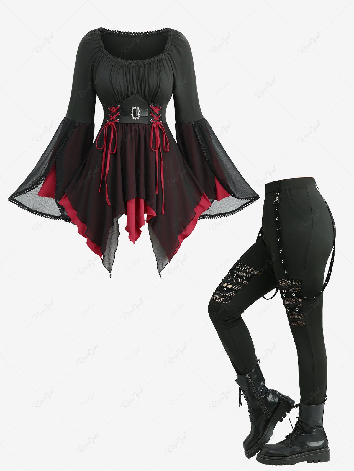 Store Lace Trim Lace-up Tulip Hem Flare Sleeve Top and Skull Hollow Out Leggings Plus Size Outfit  