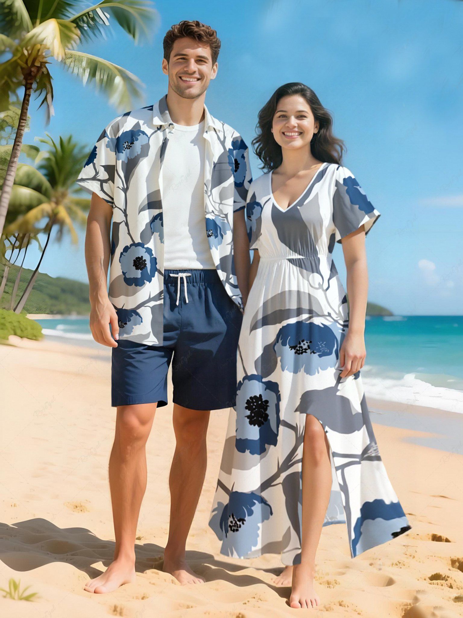 Affordable Flowers Leaf Ink Painting Print Plus Size Matching Hawaii Beach Outfit For Couples  