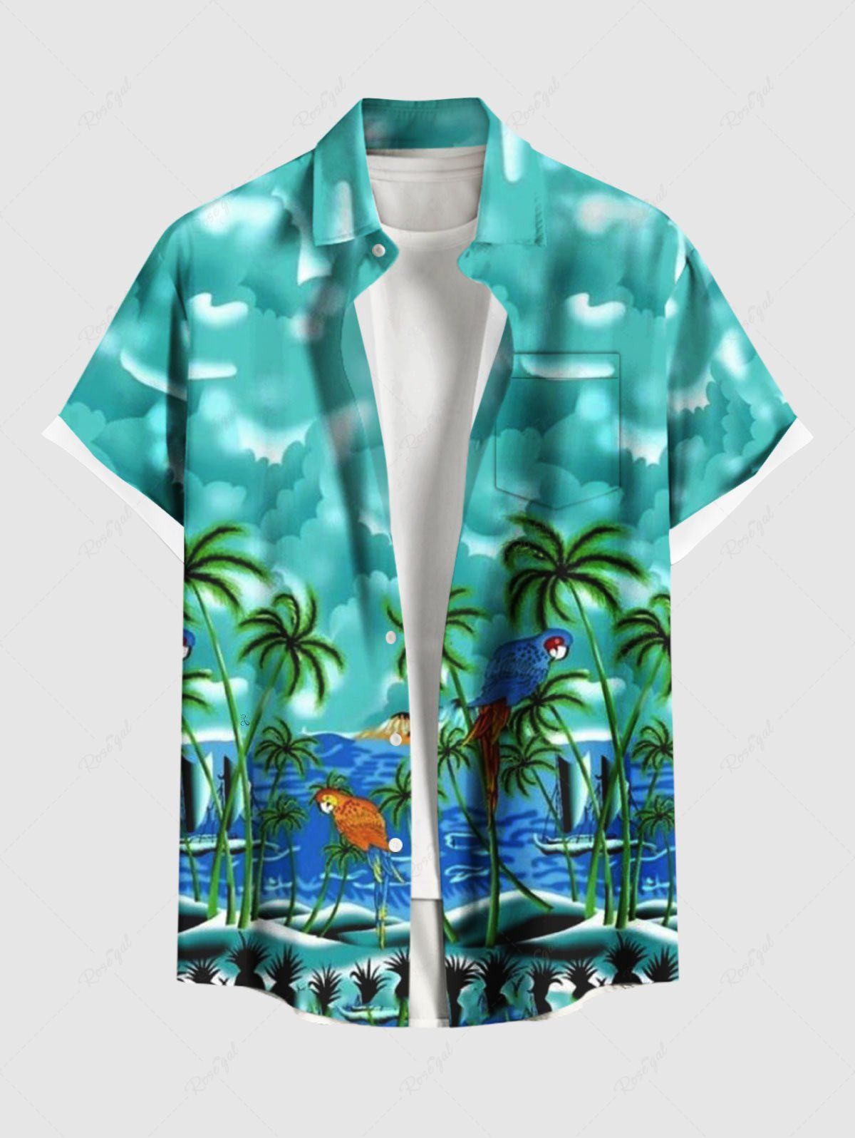 Affordable Plus Size Coconut Tree Pineapple Parrot Sea Tie Dye Cloud Print Hawaii Button Pocket Shirt For Men  