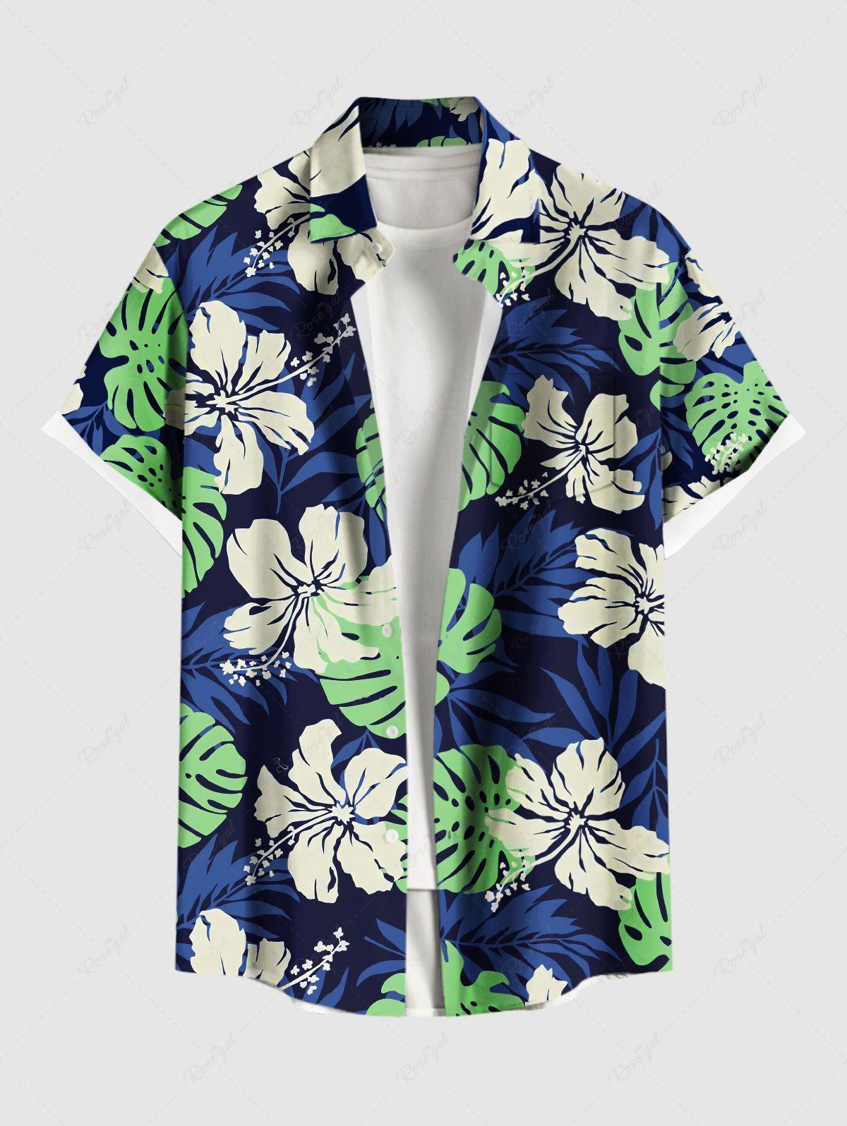Chemise hawaïenne grande taille à imprimé feuilles tropicales et fleurs d'hibiscus pour homme Bleu Marine 6XL