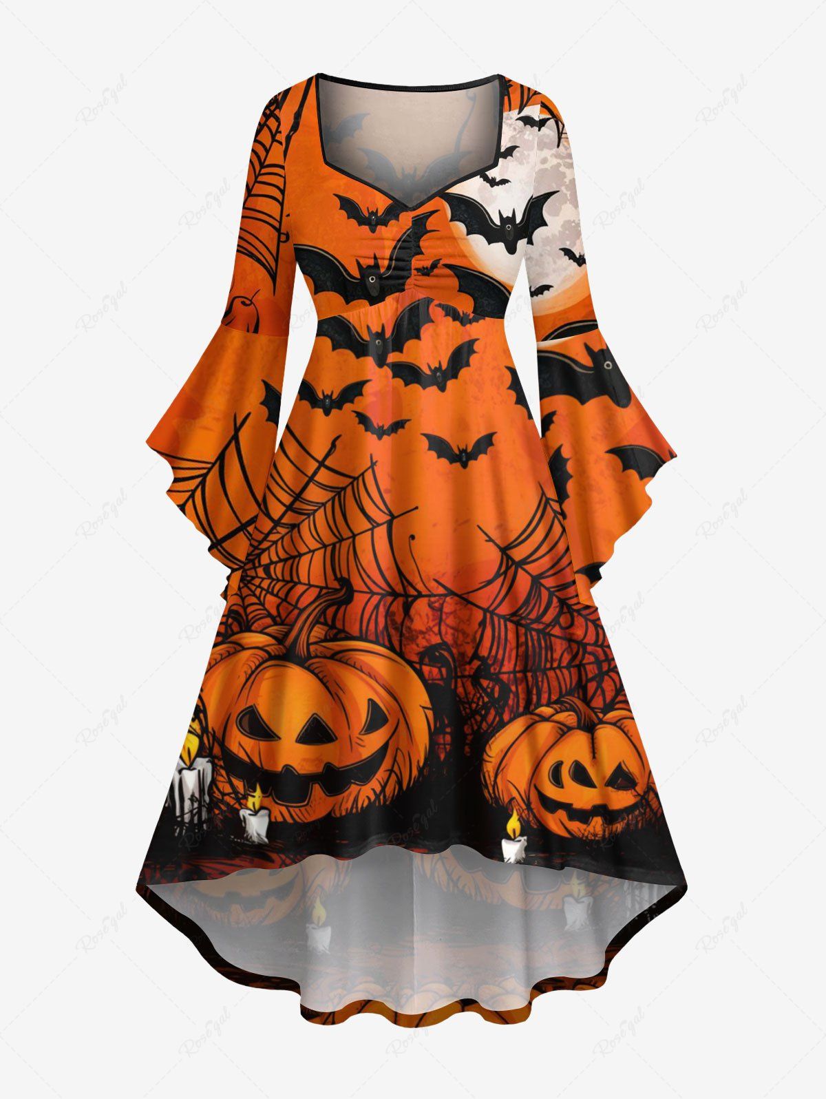 Shops Plus Size Pumpkin Candle Spider Web Bat Print Halloween Ruched High Low Asymmetric Dress  