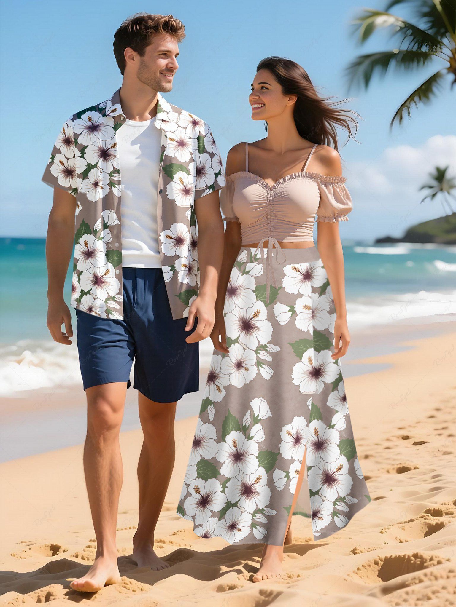 Trendy Flowers Leaf Print Plus Size Matching Hawaii Beach Outfit For Couples  
