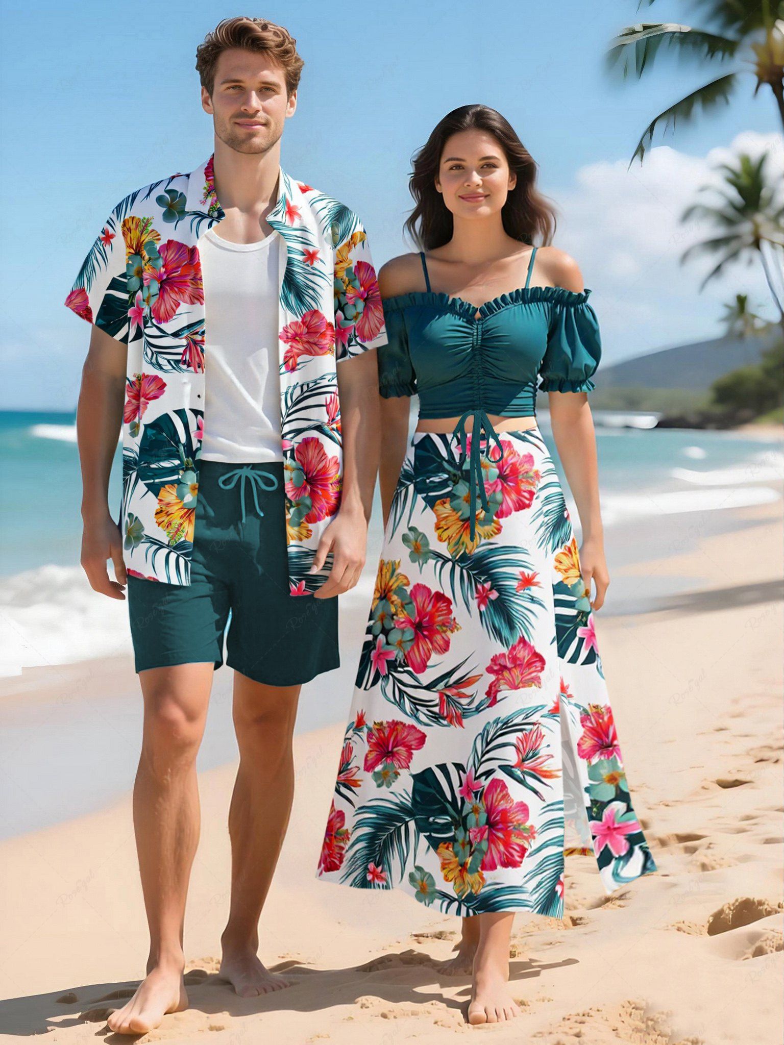 Trendy Tropical Leaf Hibiscus Flower Print Plus Size Matching Hawaii Beach Outfit For Couples  