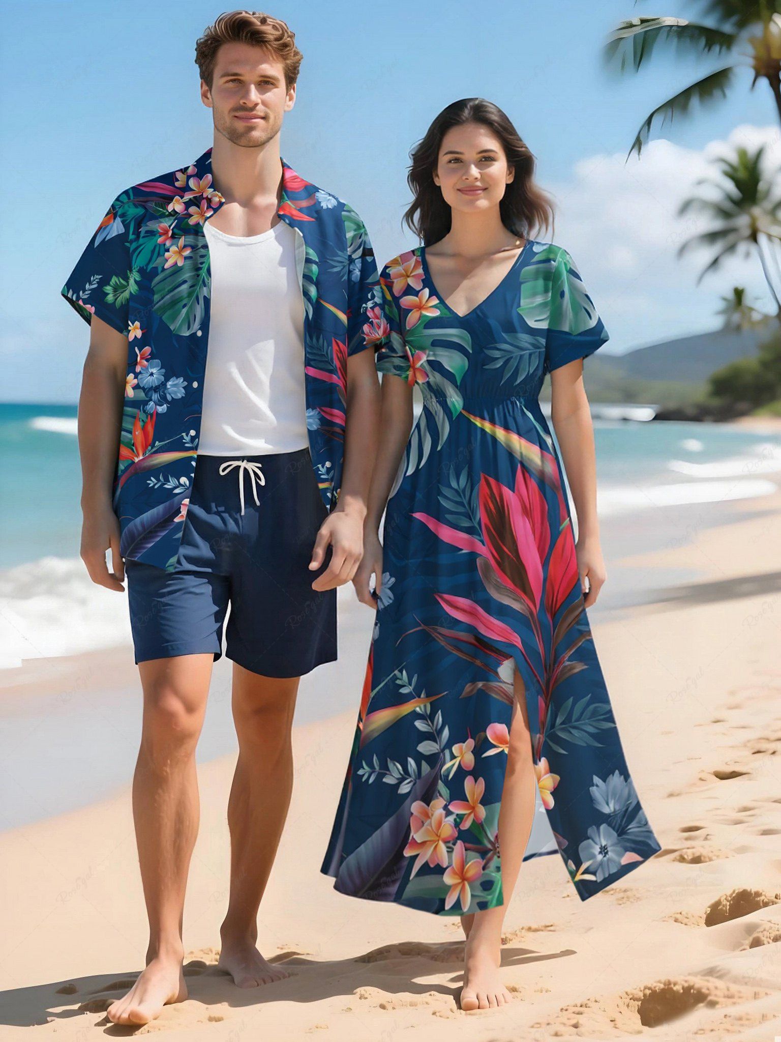 Shops Tropical Leaf Hibiscus Flower Print Plus Size Matching Hawaii Beach Outfit For Couples  