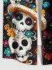 Plus Size Skull Colorful Flower Print Hawaii Button Pocket Shirt For Men -  