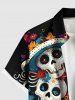 Plus Size Skull Colorful Flower Print Hawaii Button Pocket Shirt For Men -  
