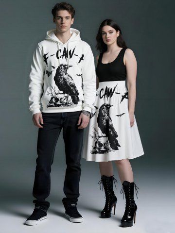 Halloween Skull Crow Bat Print Plus Size Matching Outfit For Couples - WHITE