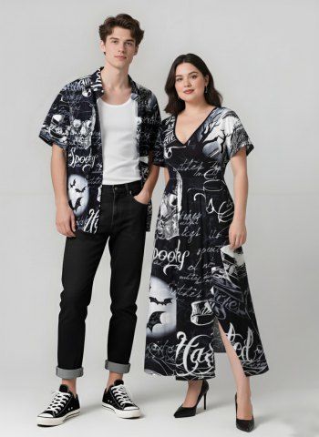Halloween Skull Bat Letters Moon Print Plus Size Matching Outfit For Couples - BLACK