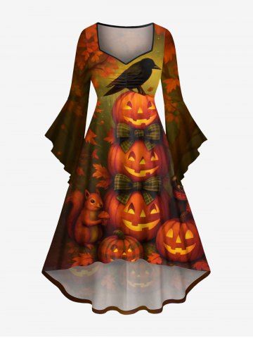 Plus Size Halloween Pumpkin Moon Crow Bowknot Squirrel  Raccoon Print Flare Sleeve Ruched High Low Dress - ORANGE - XXS