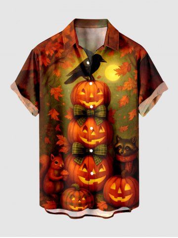 Plus Size Halloween Pumpkin Moon Crow Bowknot Squirrel  Raccoon Print Buttons Pocket Shirt For Men - ORANGE - M