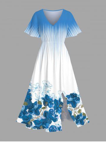 Plus Size Flowers Leaf Ombre Print Split Hawaii Midi Dress - SKY BLUE - XXS