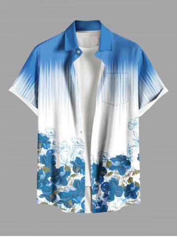 Plus Size Flowers Leaf Ombre Print Buttons Pocket Hawaii Shirt For Men - SKY BLUE - 6XL