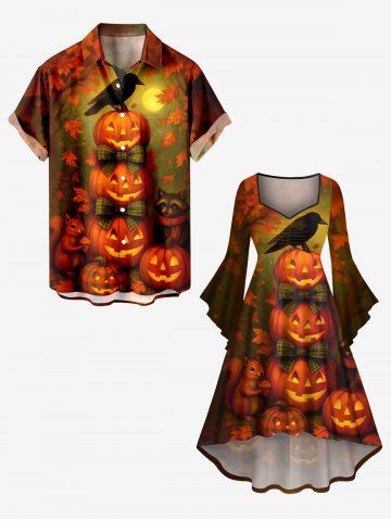 Halloween Pumpkin Moon Crow Bowknot Squirrel Raccoon Print Plus Size Matching Outfit For Couples - ORANGE