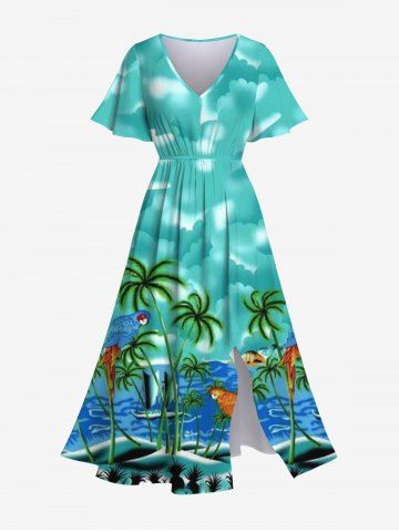 Plus Size Coconut Tree Sea Parrot Ombre Cloud Print Hawaii Split Pocket A Line Midi Dress - GREEN - 5X