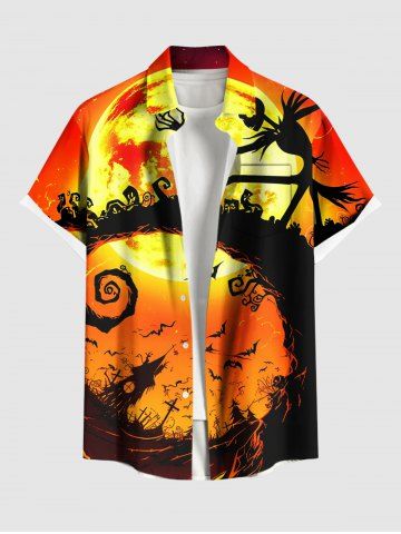 Plus Size Glitter Moon Bat Castle Spiral Tree Skull Print Halloween Buttons Pocket Shirt For Men - ORANGE - M