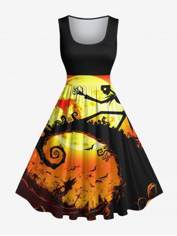 Plus Size Glitter Moon Bat Castle Spiral Tree Skull Print Halloween Vintage Swing A Line Dress - BLACK - XXS
