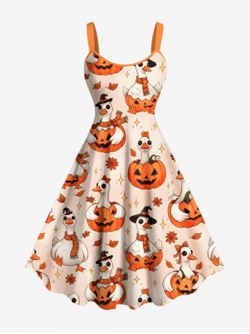 Plus Size Cute Pumpkin Goose Flower Stars Print Halloween A Line Tank Dress - LIGHT ORANGE - S