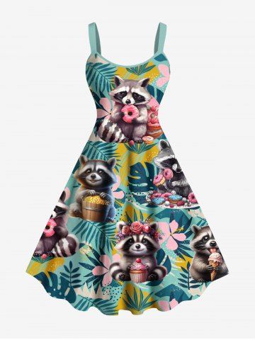 Plus Size Flowers Tropical Leaf Raccoon Print Hawaii Tank Dress - MULTI-A - 3X