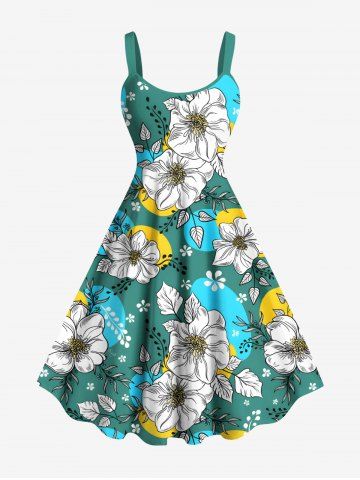 Plus Size Flowers Leaf Colorblock Print Hawaii Tank Dress - GREEN - M