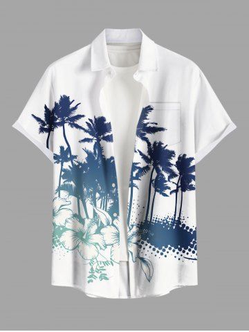 Plus Size Coconut Tree Hibiscus Flowers Leaf Print Buttons Pocket Hawaii Shirt For Men - WHITE - M