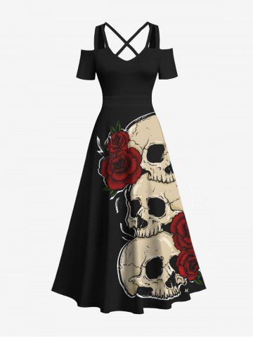 Plus Size Halloween Skulls Rose Flowers Print Cold Shoulder Crisscross Maxi Dress - BLACK - XXS