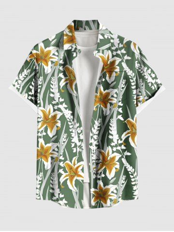 Plus Size Flowers Leaf Print Buttons Pocket Hawaii Shirt For Men - GREEN - 6XL