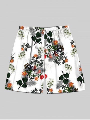 Plus Size Tropical Leaf Flower Print Hawaii Drawstring Beach Shorts For Men - WHITE - 2XL