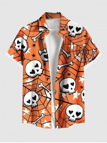 Plus Size Skull Bone Spider Web Star Print Halloween Button Pocket Shirt For Men - ORANGE - 2XL