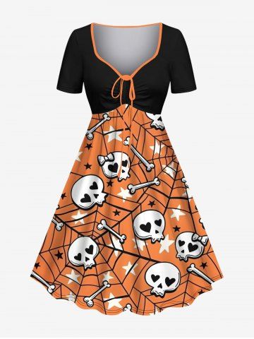 Plus Size Skull Bone Spider Web Star Print Halloween Cinched A Line Dress - BLACK - XXS