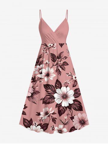 Plus Size Flower Leaf Branch Print Hawaii Surplice A Line Cami Dress - LIGHT PINK - L