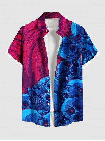 Plus Size Skull Cave Print Halloween Button Pocket Shirt For Men - RED - S