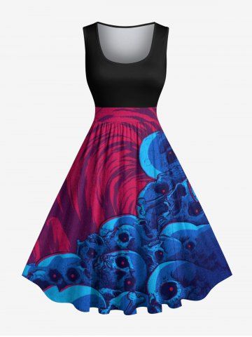 Plus Size Skull Cave Print Halloween Vintage Swing A Line Dress - BLACK - 4X