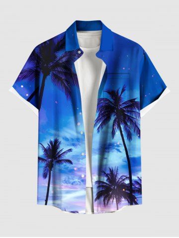 Plus Size Coconut Tree Ombre Galaxy Print Hawaii Button Pocket Shirt For Men - SKY BLUE - XL