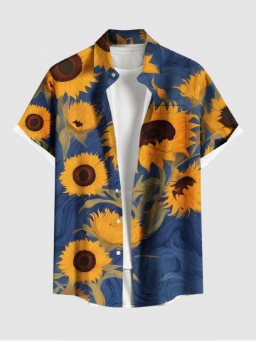 Plus Size Sunflower Print Hawaii Button Pocket Shirt For Men - BLUE - 4XL