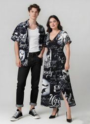 Tenue assortie grande taille pour couple, motif tête de mort, chauve-souris, lettres et lune, pour Halloween - Noir 