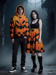 Tenue assortie grande taille à carreaux et imprimé citrouille d'Halloween pour couples - Orange 