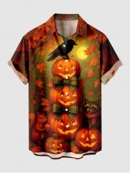 Plus Size Halloween Pumpkin Moon Crow Bowknot Squirrel  Raccoon Print Buttons Pocket Shirt For Men - Orange 5XL