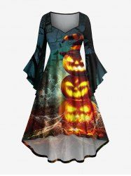 Plus Size Halloween Pumpkin Hat Tree Crow Cross Print Flare Sleeves Ruched High Low Dress - Noir S